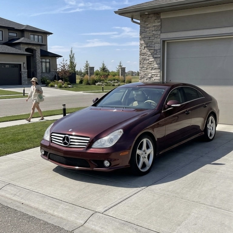 Freshly detailed burgundy Mercedes-Benz CLS in driveway